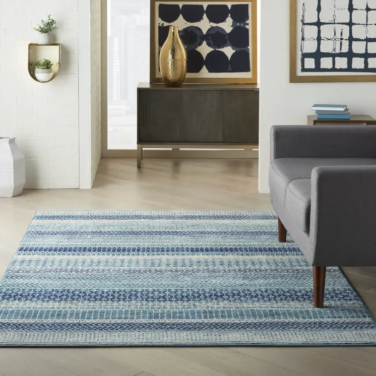 5' X 7' Navy Blue And Ivory Southwestern Area Rug