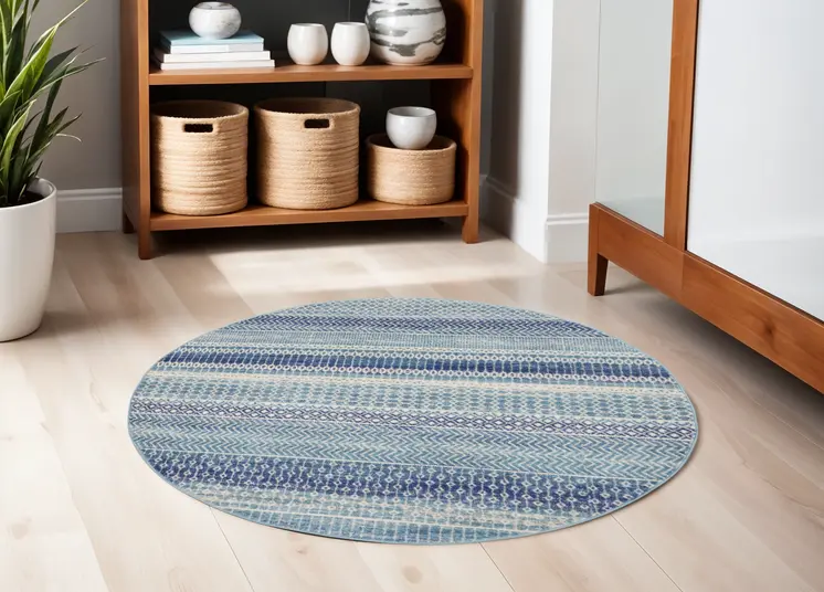 5' Navy Blue And Ivory Southwestern Round Rug