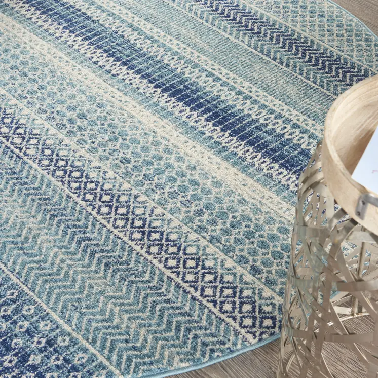 5' Navy Blue And Ivory Southwestern Round Rug