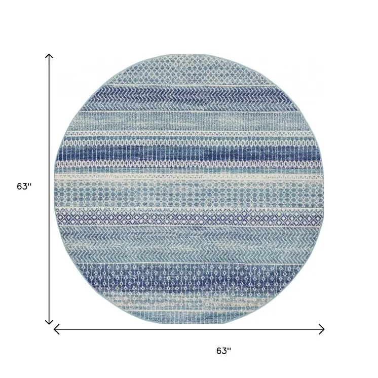 5' Navy Blue And Ivory Southwestern Round Rug