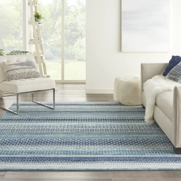 7' X 10' Navy Blue And Ivory Southwestern Area Rug