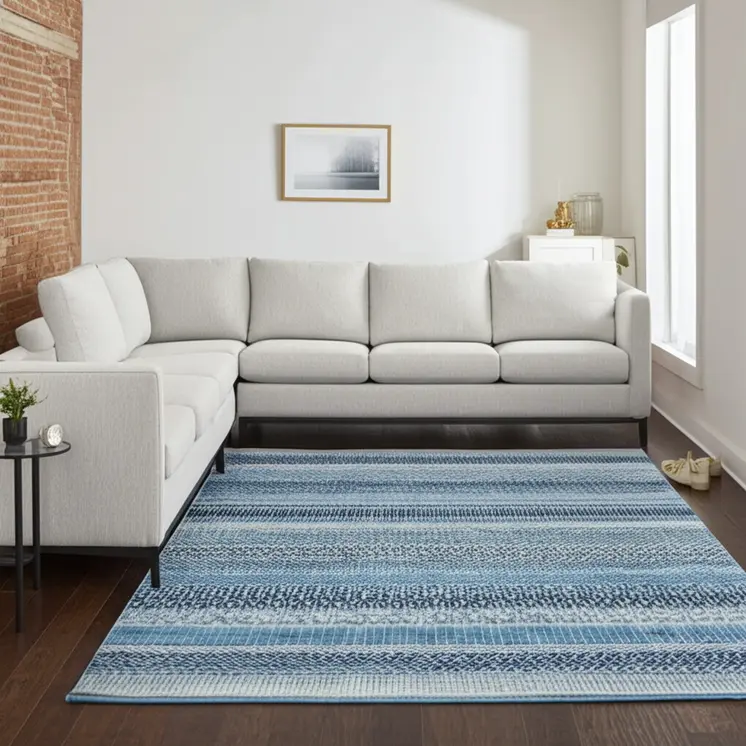 7' X 10' Navy Blue And Ivory Southwestern Area Rug
