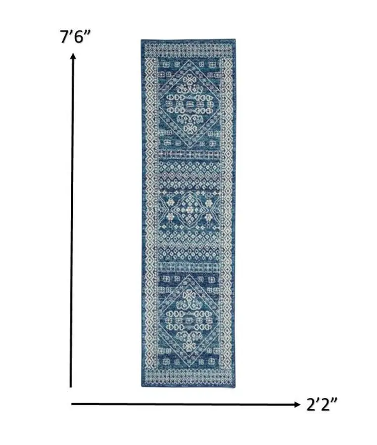 8' Navy Blue And Ivory Tribal Runner Rug