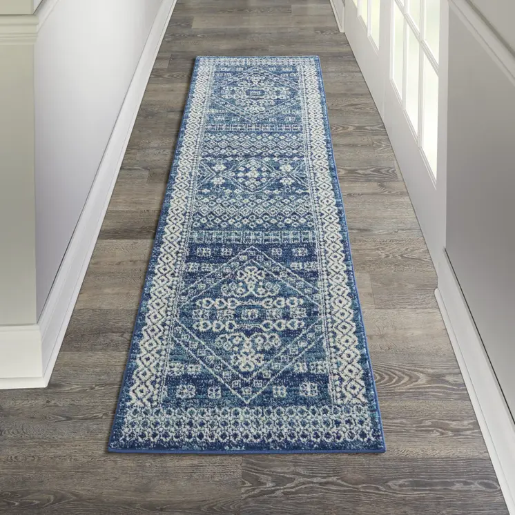 8' Navy Blue And Ivory Tribal Runner Rug