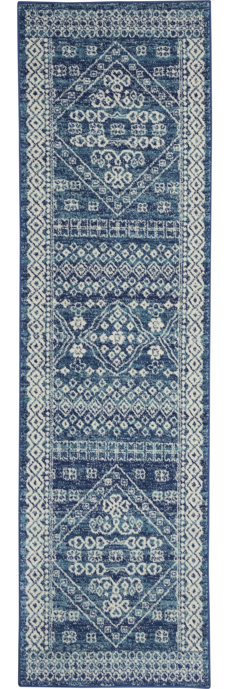 8' Navy Blue And Ivory Tribal Runner Rug