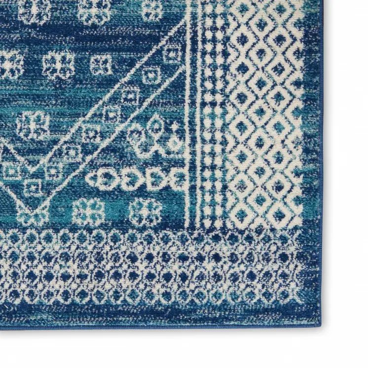 8' Navy Blue And Ivory Tribal Runner Rug