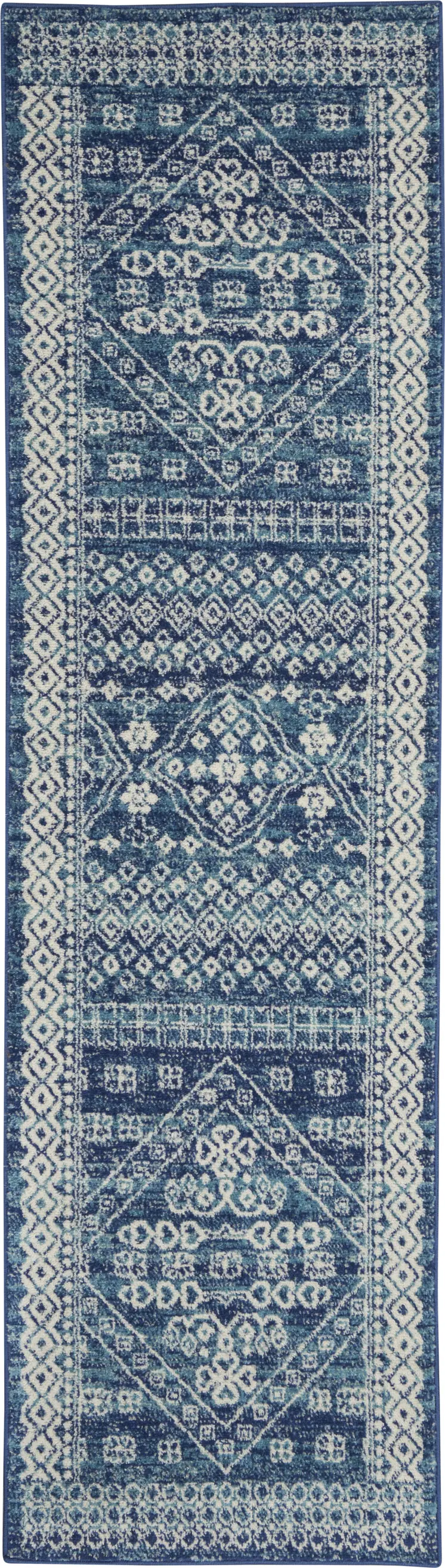 8' Navy Blue And Ivory Tribal Runner Rug