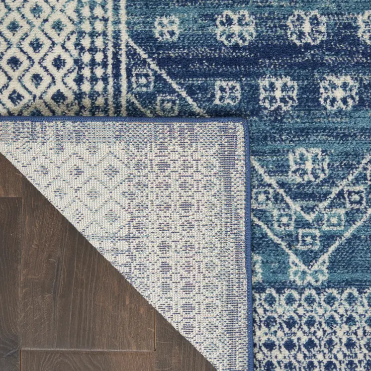 8' Navy Blue And Ivory Tribal Runner Rug