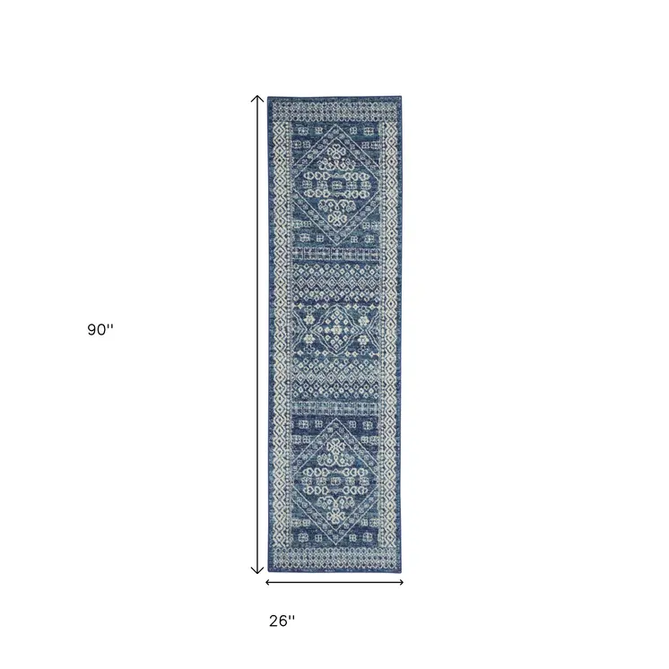 8' Navy Blue And Ivory Tribal Runner Rug