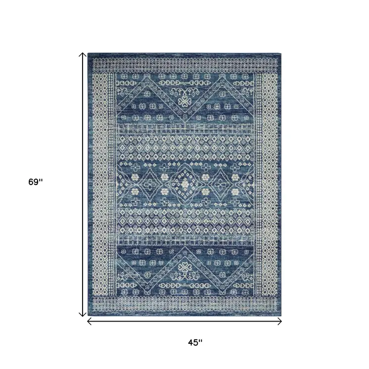 4' X 6' Navy Blue And Ivory Tribal Area Rug