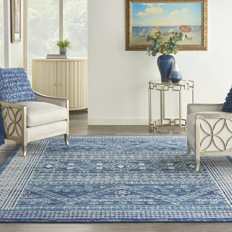 8' X 10' Navy Blue And Ivory Tribal Area Rug