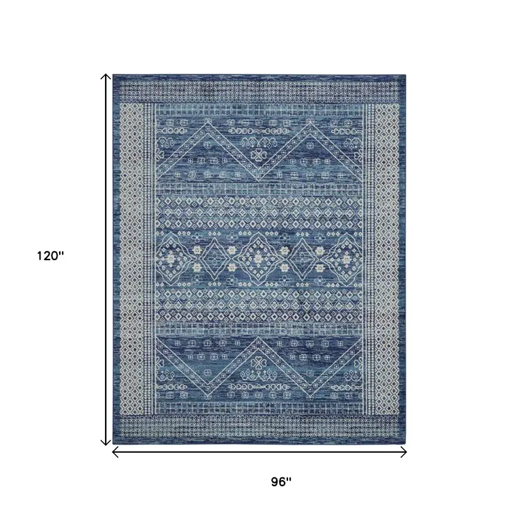 8' X 10' Navy Blue And Ivory Tribal Area Rug