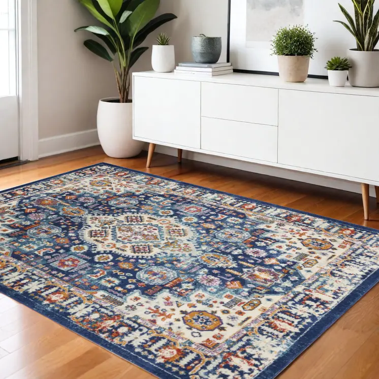 4' X 6' Blue And Ivory Medallion Area Rug