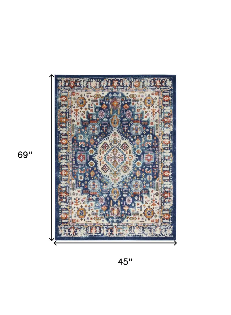 4' X 6' Blue And Ivory Medallion Area Rug