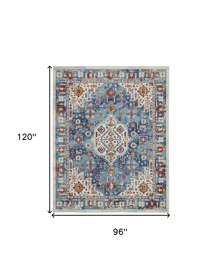 8' X 10' Ivory And Blue Floral Distressed Area Rug