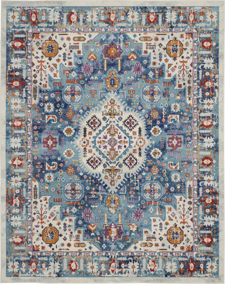 8' X 10' Ivory And Blue Floral Distressed Area Rug