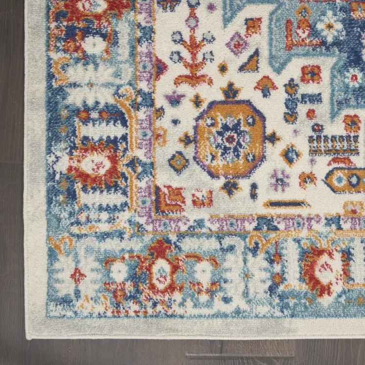 8' X 10' Ivory And Blue Floral Distressed Area Rug