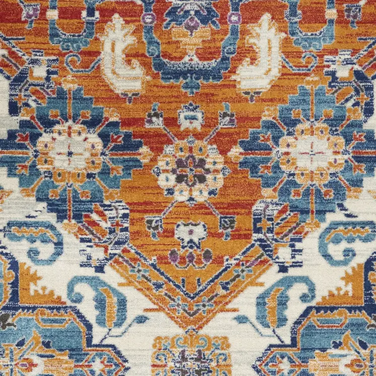5' X 7' Blue And Orange Floral Area Rug