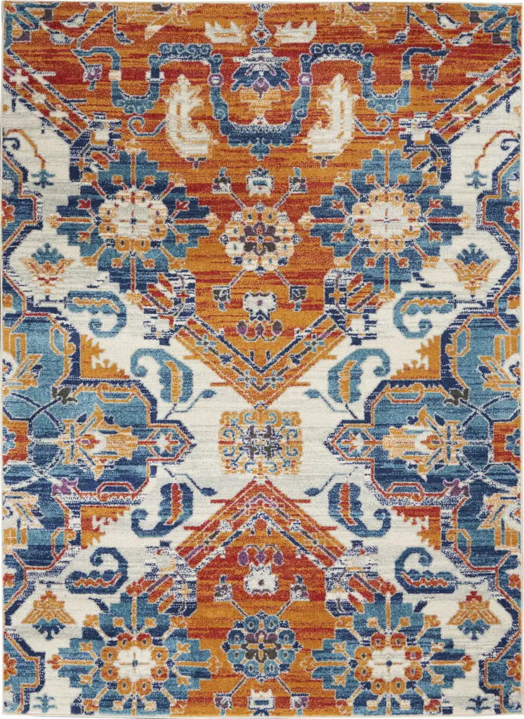 5' X 7' Blue And Orange Floral Area Rug