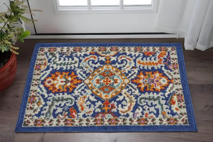 2' X 3' Blue And Ivory Oriental Area Rug