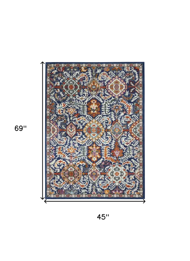 4' X 6' Blue And Ivory Oriental Area Rug