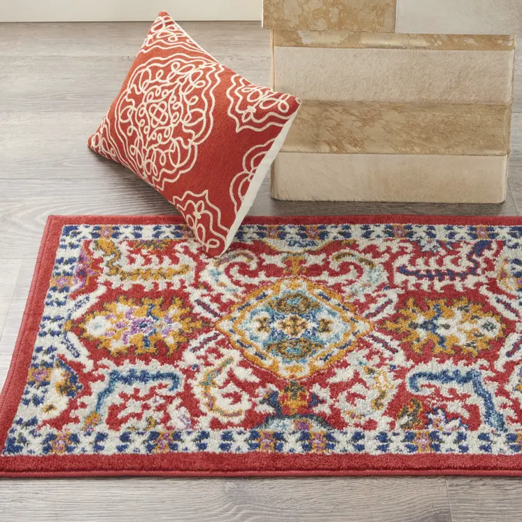 2' X 3' Red And Ivory Damask Area Rug