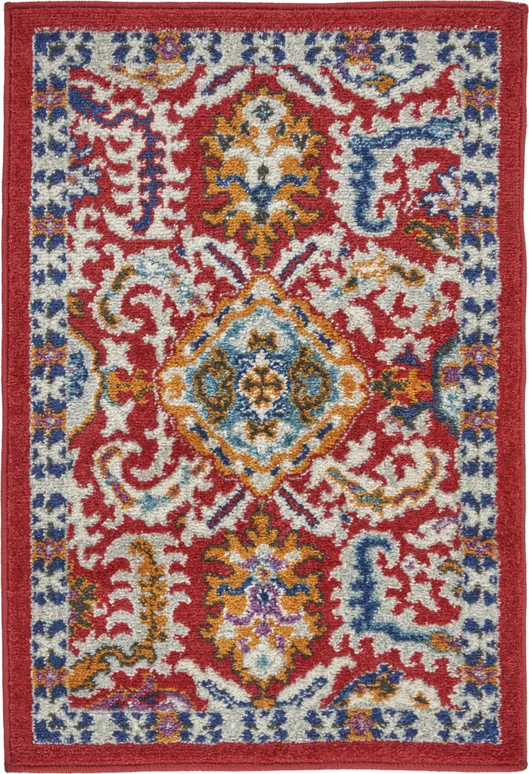 2' X 3' Red And Ivory Damask Area Rug
