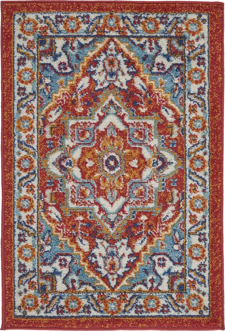 2' X 3' Red And Ivory Medallion Distressed Area Rug