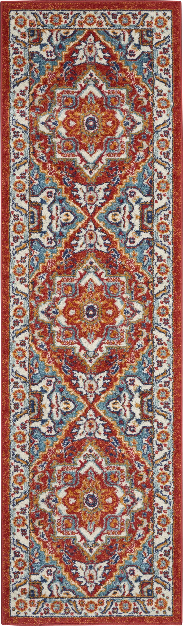 8' Red And Ivory Medallion Distressed Runner Rug