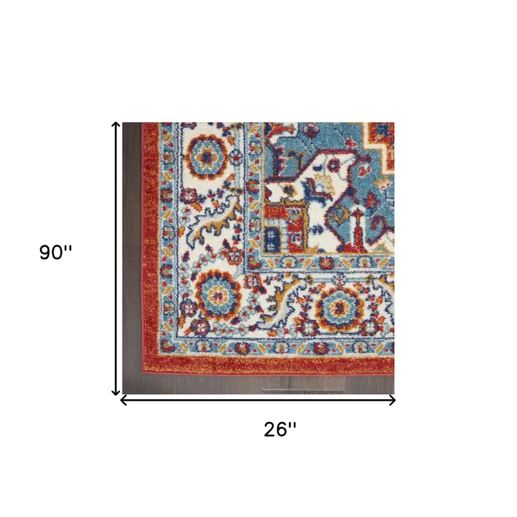 8' Red And Ivory Medallion Distressed Runner Rug