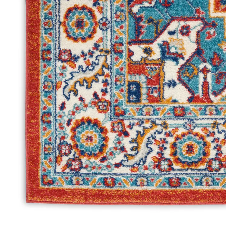 8' Red And Ivory Medallion Distressed Runner Rug
