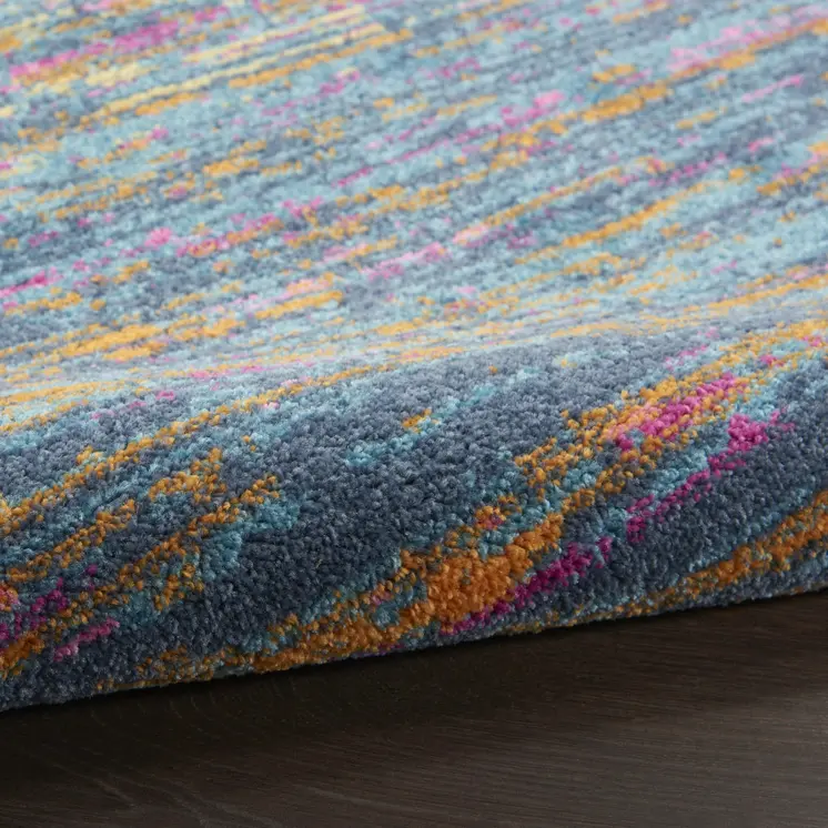 6' Blue And Orange Abstract Distressed Runner Rug