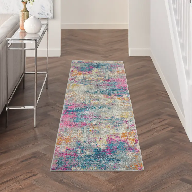 6' Ivory And Blue Abstract Runner Rug