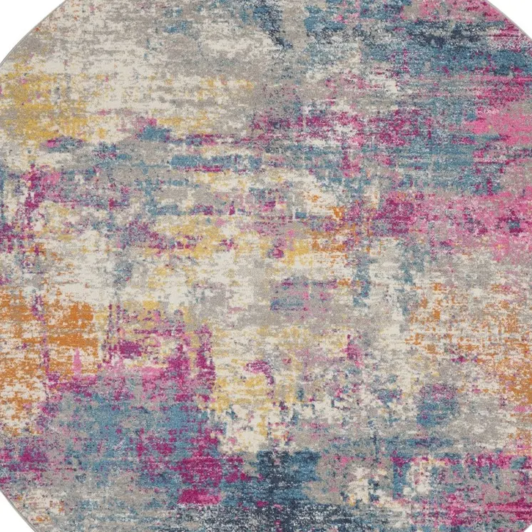 4' Ivory And Blue Abstract Round Rug