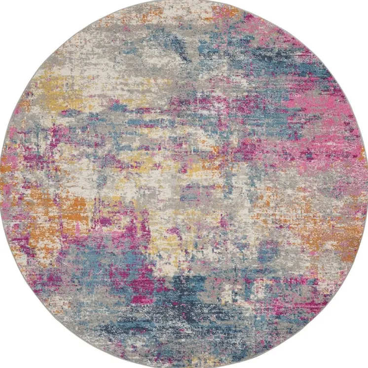 4' Ivory And Blue Abstract Round Rug