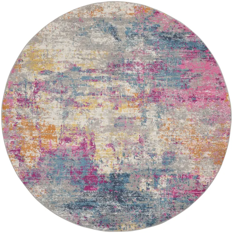 8' Ivory And Blue Abstract Round Rug