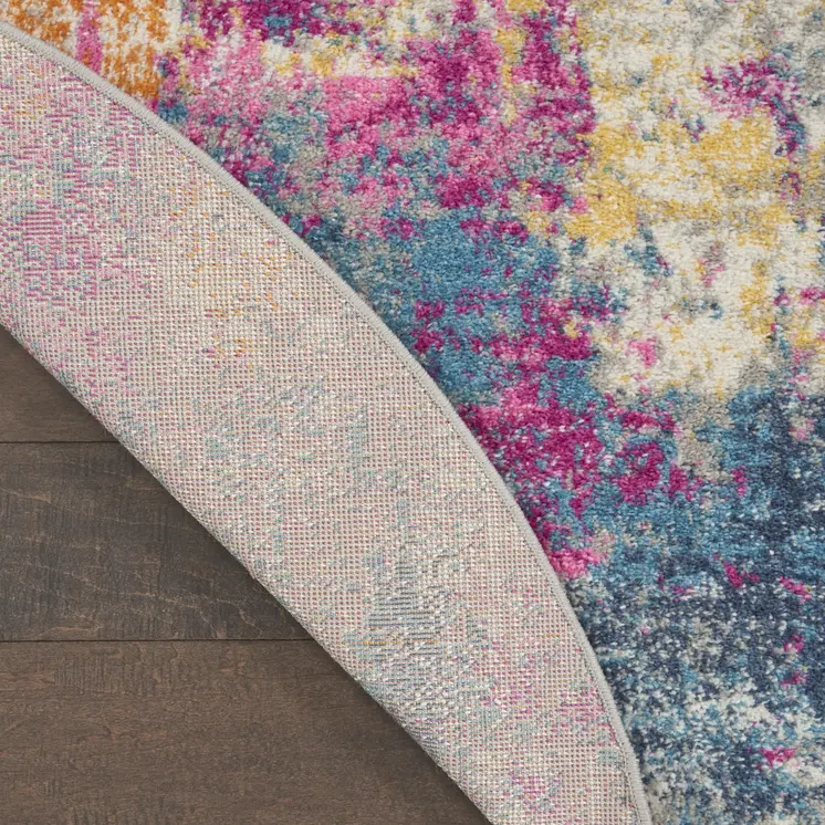 8' Ivory And Blue Abstract Round Rug