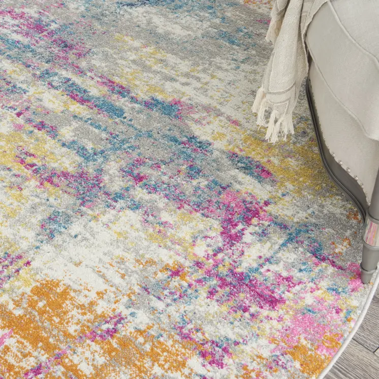 8' Ivory And Blue Abstract Round Rug