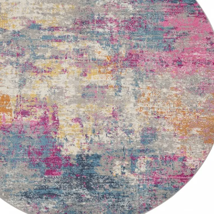 8' Ivory And Blue Abstract Round Rug