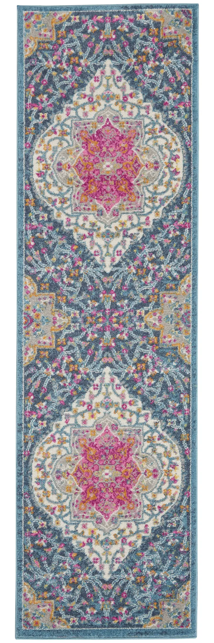 8' Blue And Ivory Medallion Distressed Runner Rug