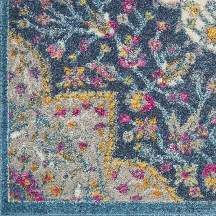 8' Blue And Ivory Medallion Distressed Runner Rug