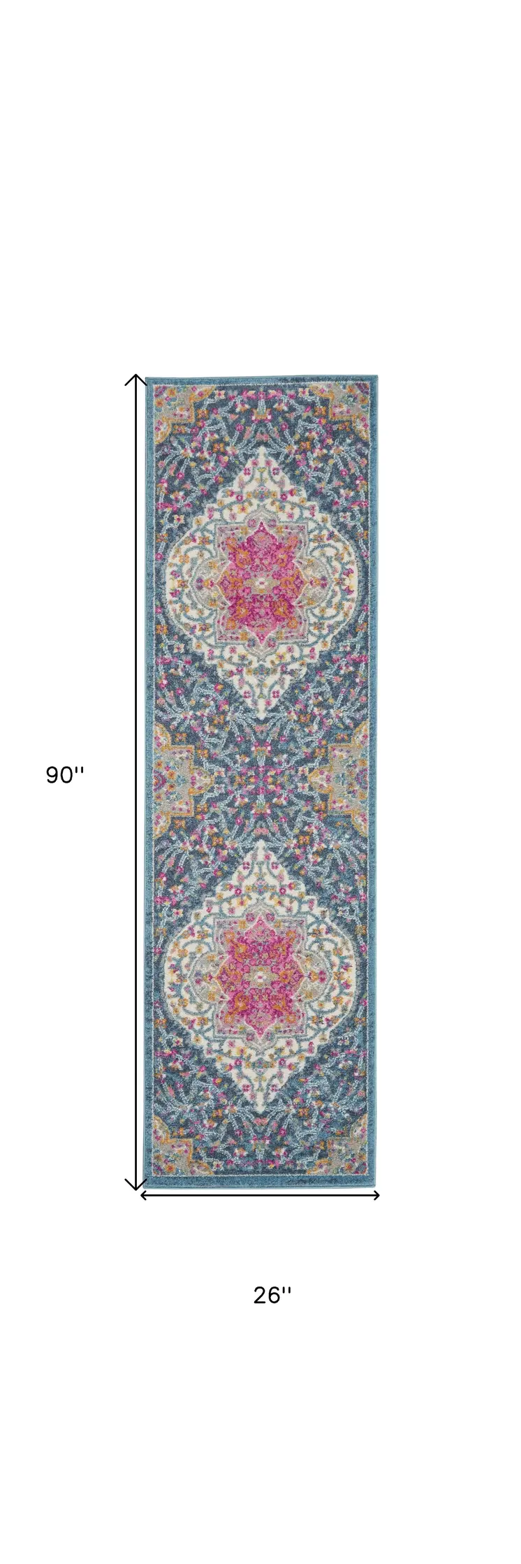 8' Blue And Ivory Medallion Distressed Runner Rug