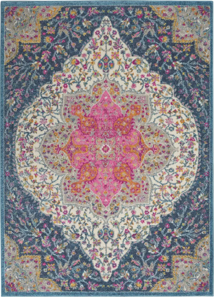 4' X 6' Blue And Ivory Medallion Distressed Area Rug