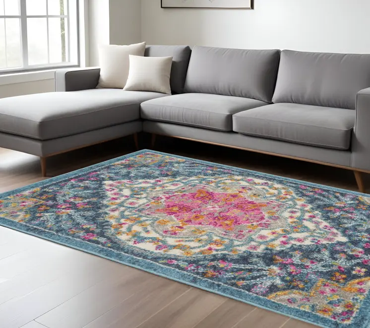 8' X 10' Blue And Ivory Medallion Distressed Area Rug