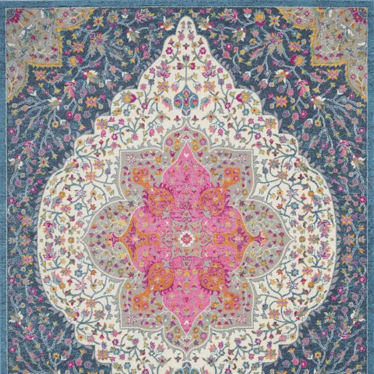 8' X 10' Blue And Ivory Medallion Distressed Area Rug