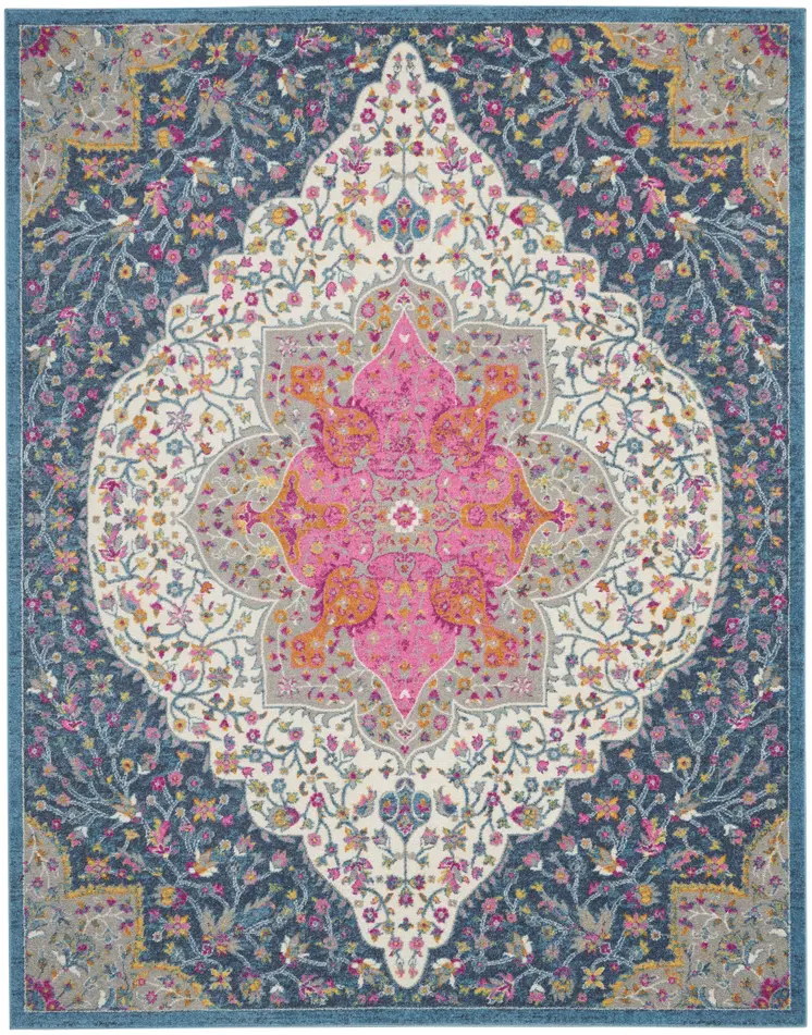 8' X 10' Blue And Ivory Medallion Distressed Area Rug