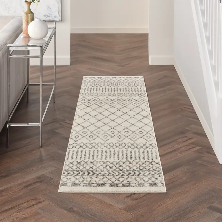 6' Gray And Ivory Geometric Distressed Runner Rug