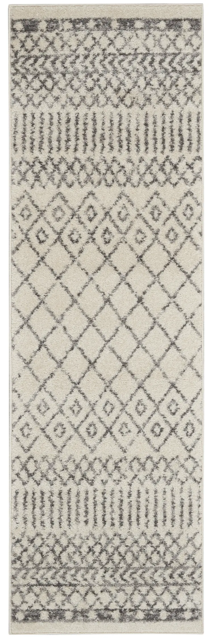 6' Gray And Ivory Geometric Distressed Runner Rug