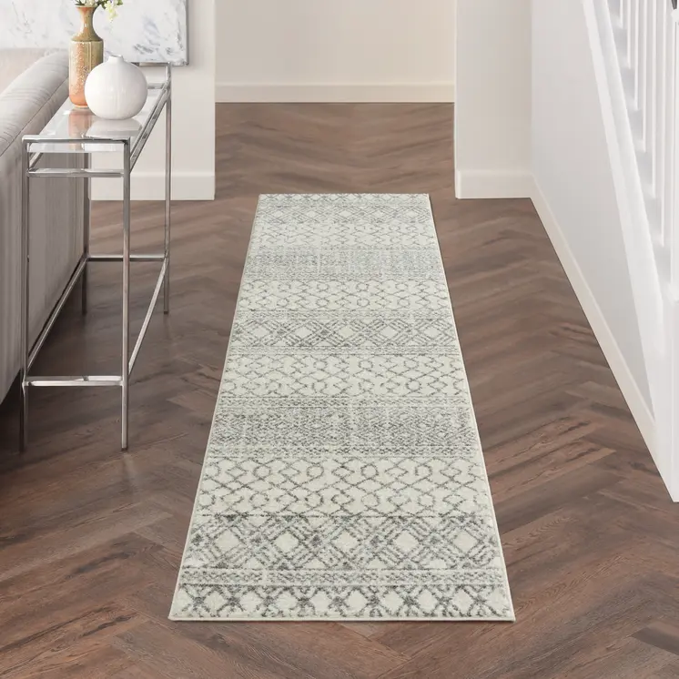 10' Gray And Ivory Geometric Runner Rug