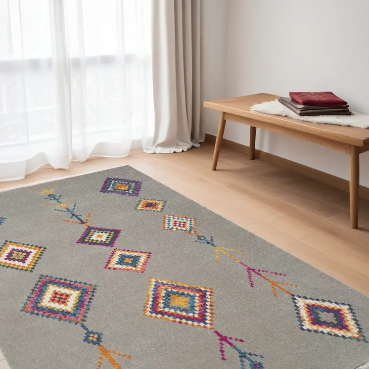 5' X 7' Gray Blue And Orange Tribal Area Rug